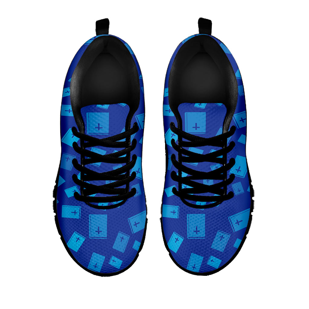Blue Holy Bible Pattern Print Black Running Shoes