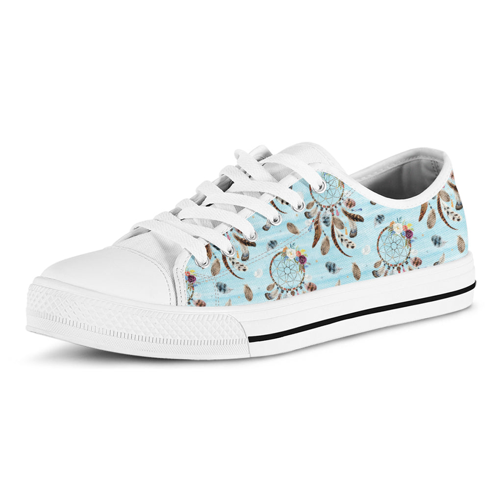 Blue Indian Dream Catcher Pattern Print White Low Top Sneakers