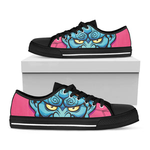 Blue Japanese Demon Print Black Low Top Sneakers