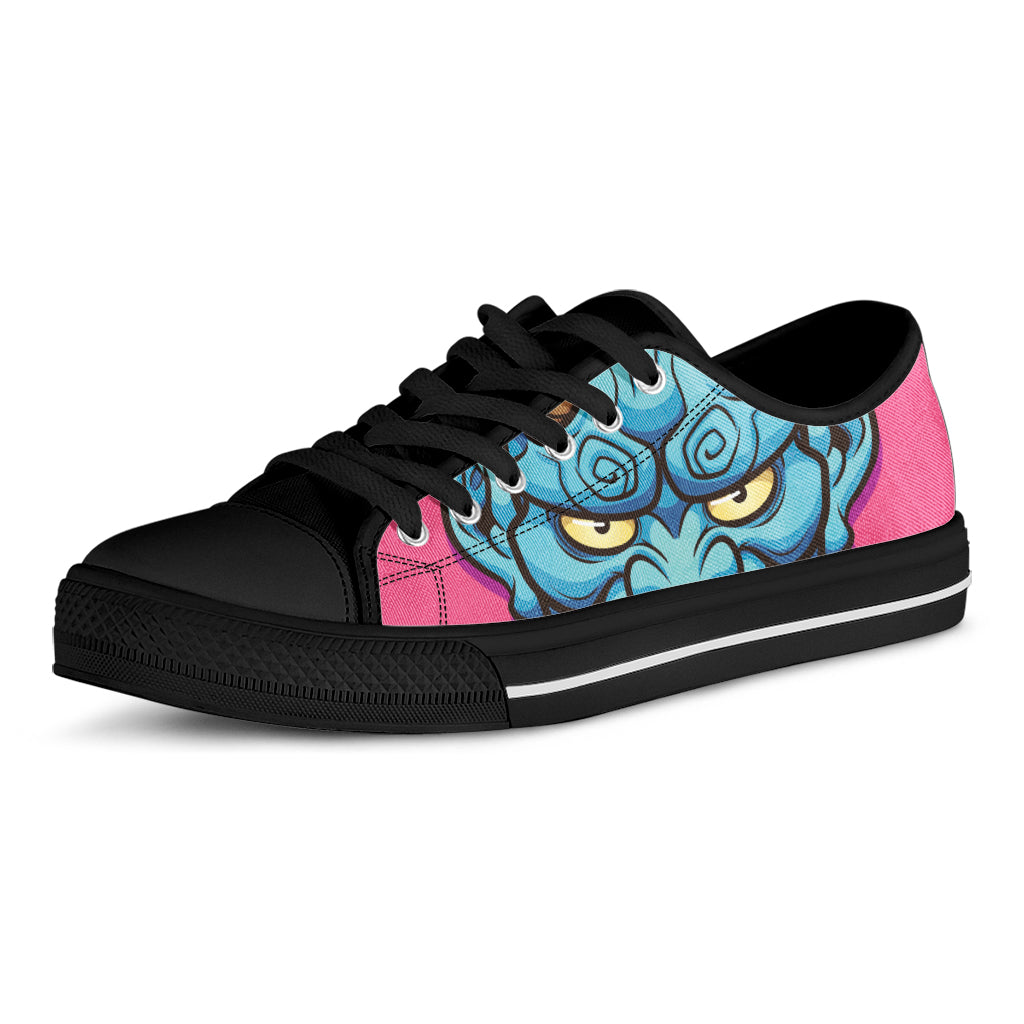Blue Japanese Demon Print Black Low Top Sneakers