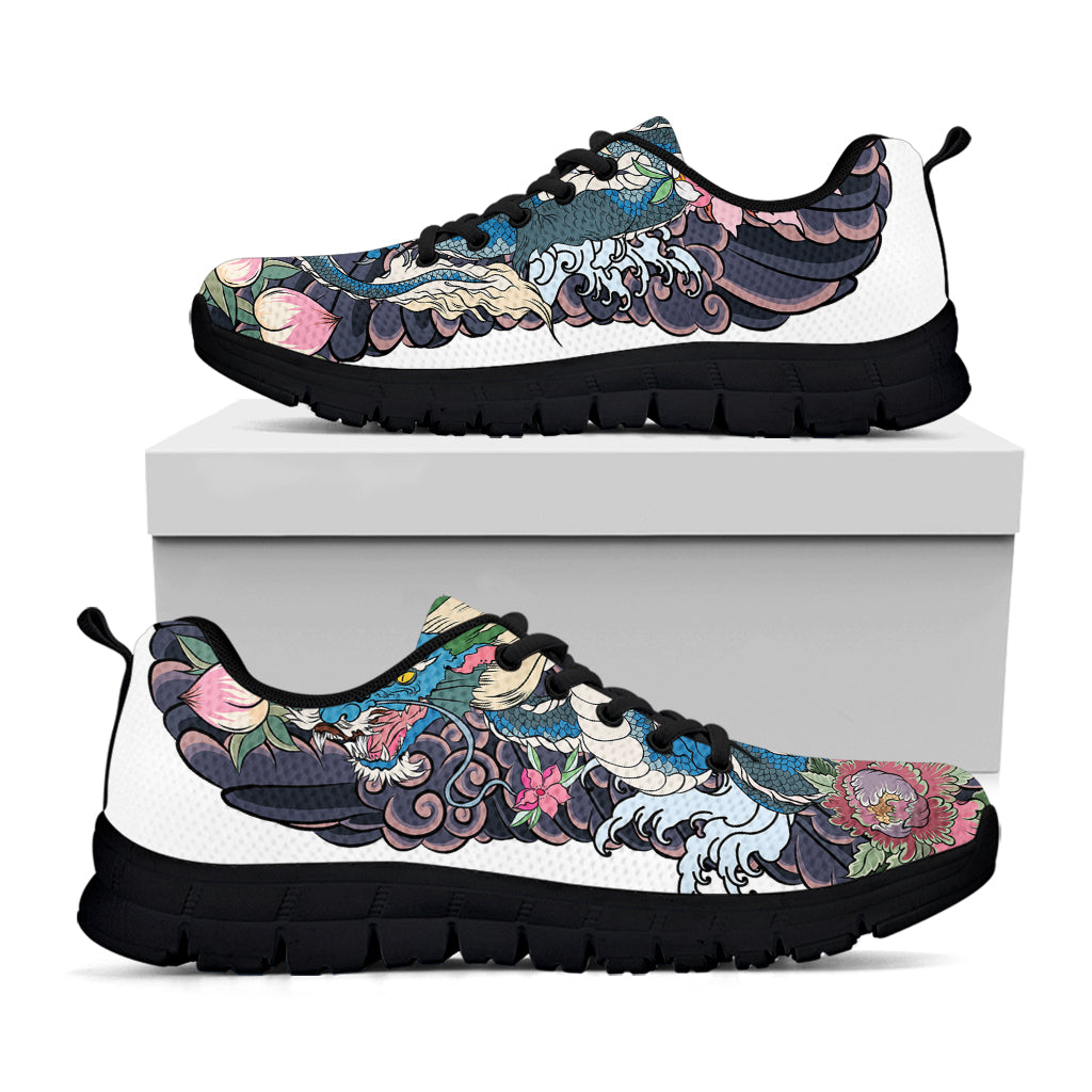 Blue Japanese Dragon Tattoo Print Black Running Shoes