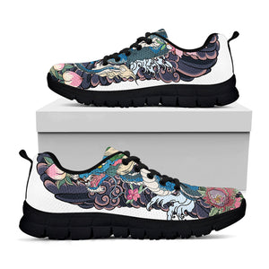 Blue Japanese Dragon Tattoo Print Black Running Shoes