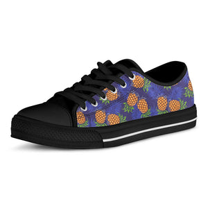 Blue Leaf Pineapple Pattern Print Black Low Top Sneakers
