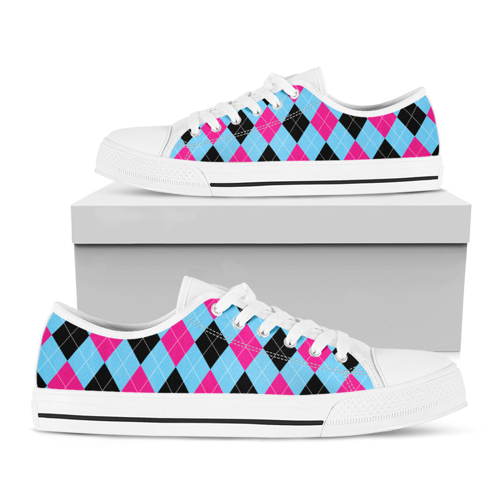Blue Pink And Black Argyle Pattern Print White Low Top Sneakers