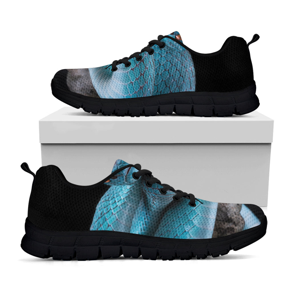 Blue Pit Viper Snake Print Black Running Shoes