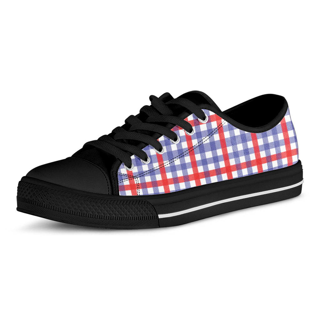 Blue Red And White Check Pattern Print Black Low Top Sneakers