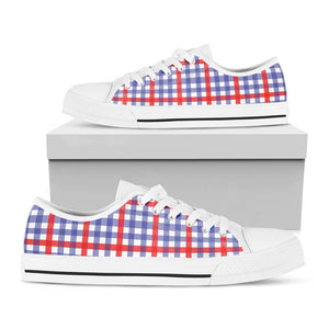 Blue Red And White Check Pattern Print White Low Top Sneakers