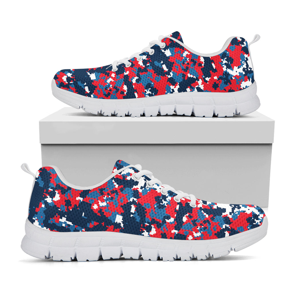 Blue Red And White Digital Camo Print White Running Shoes