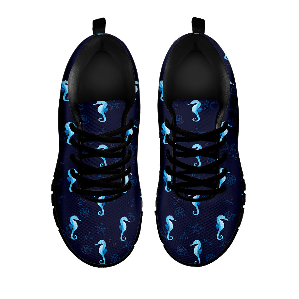 Blue Seahorse Pattern Print Black Running Shoes