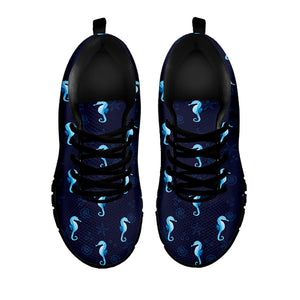Blue Seahorse Pattern Print Black Running Shoes