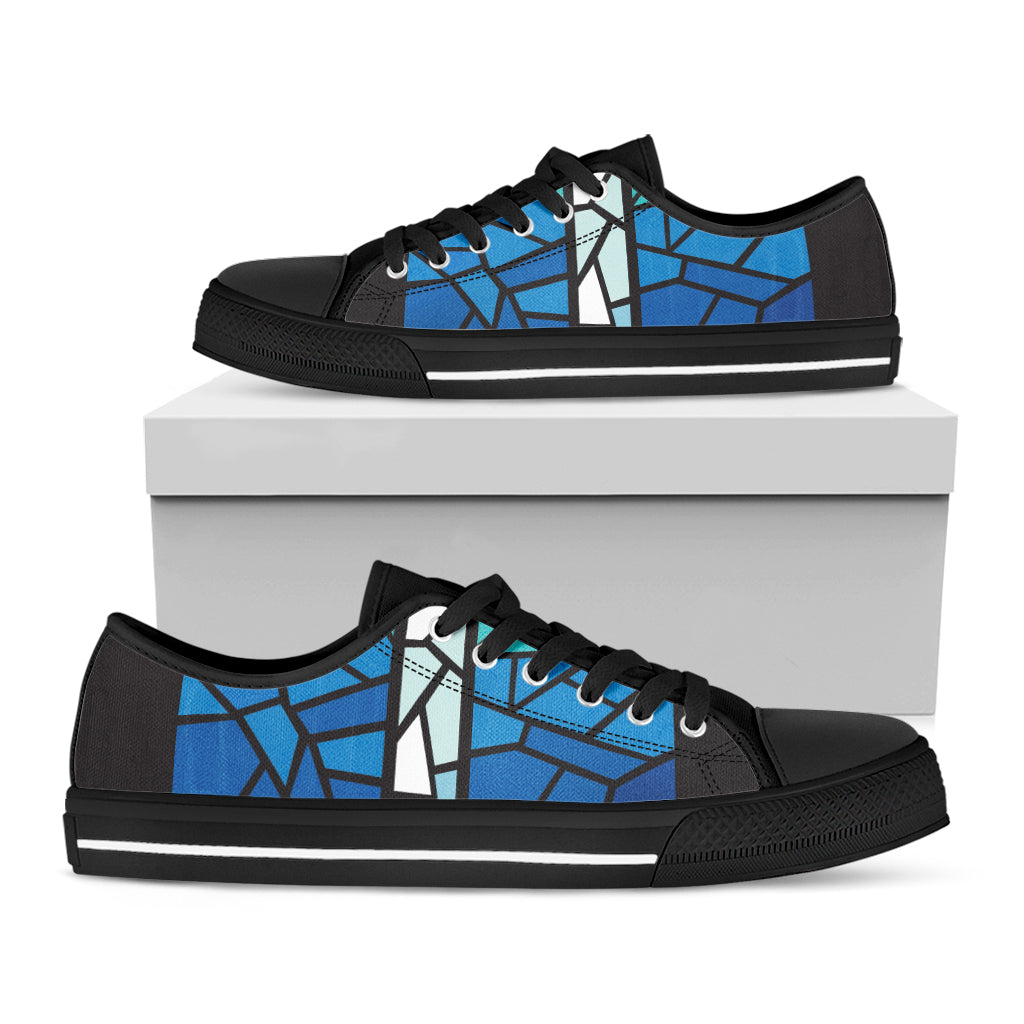 Blue Stained Glass Cross Print Black Low Top Sneakers