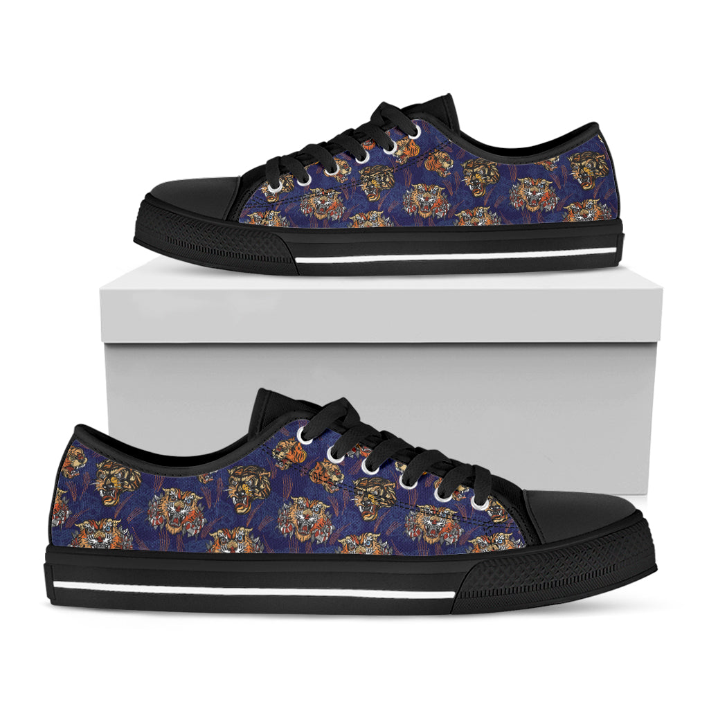 Blue Tiger Tattoo Pattern Print Black Low Top Sneakers