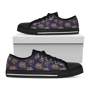 Blue Tiger Tattoo Pattern Print Black Low Top Sneakers