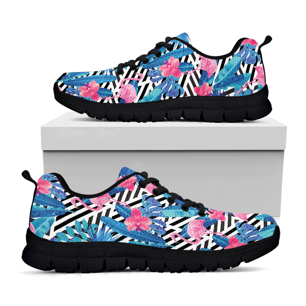 Blue Tropical And Pink Flamingo Print Black Running Shoes