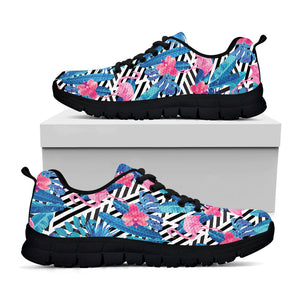 Blue Tropical And Pink Flamingo Print Black Running Shoes