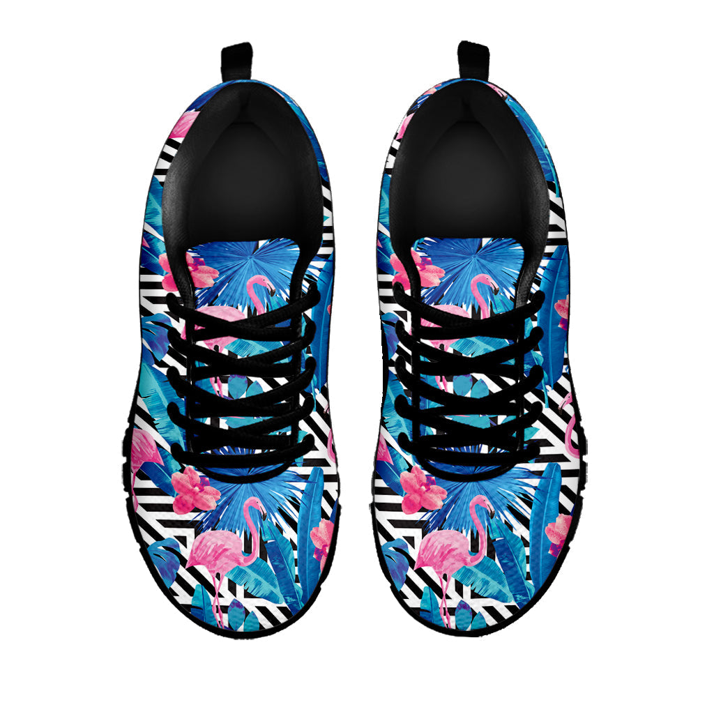 Blue Tropical And Pink Flamingo Print Black Running Shoes