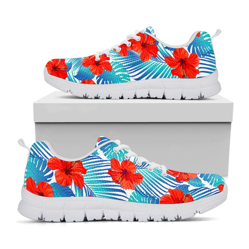 Blue Tropical Hibiscus Pattern Print White Running Shoes