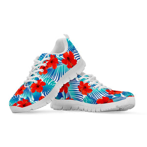 Blue Tropical Hibiscus Pattern Print White Running Shoes