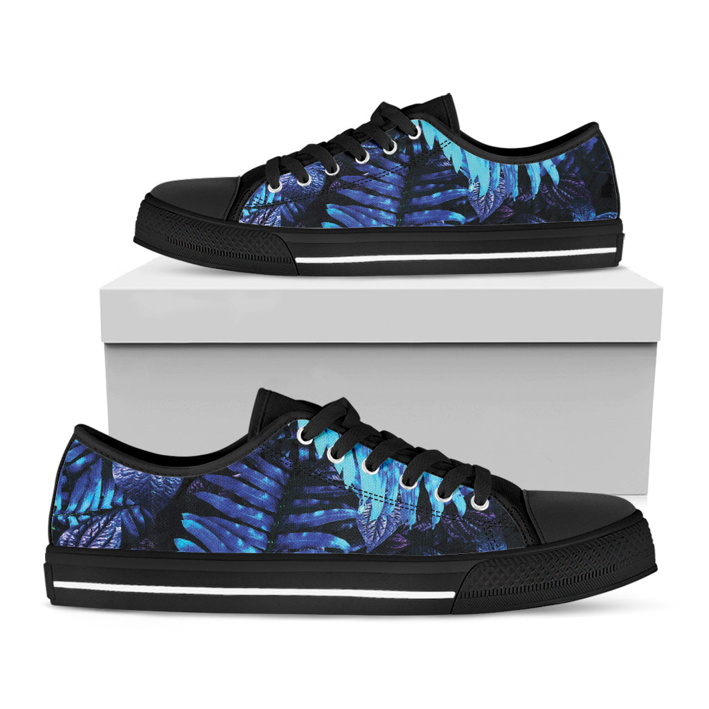Blue Tropical Leaves Print Black Low Top Sneakers