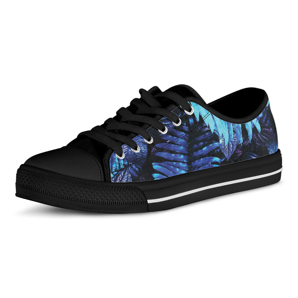 Blue Tropical Leaves Print Black Low Top Sneakers