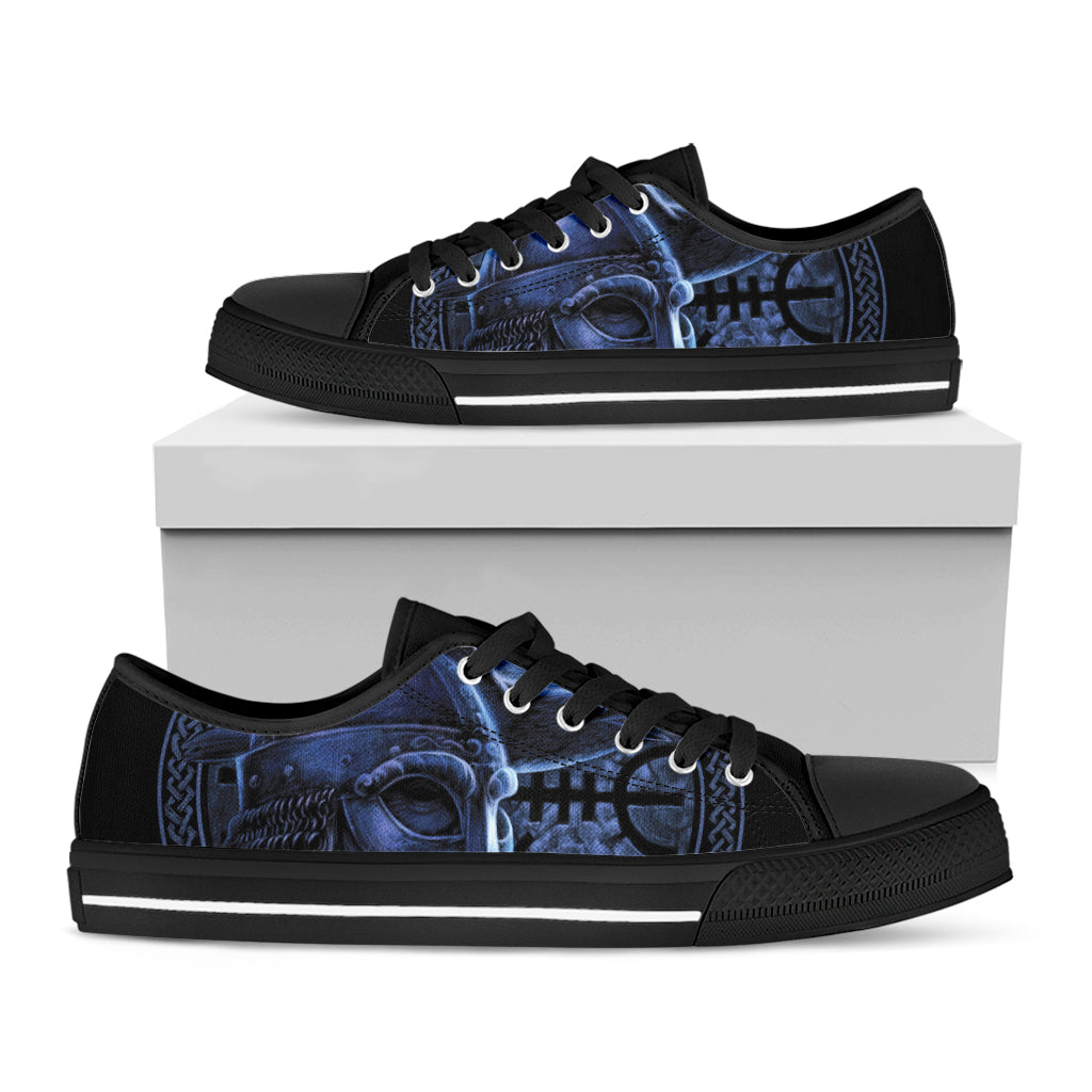 Blue Viking God Odin And Crow Print Black Low Top Sneakers