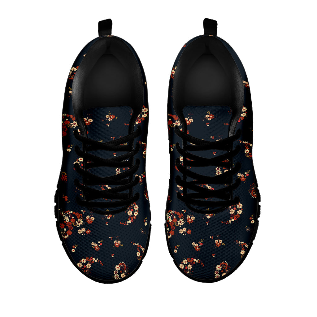 Boho Paisley Flower Pattern Print Black Running Shoes
