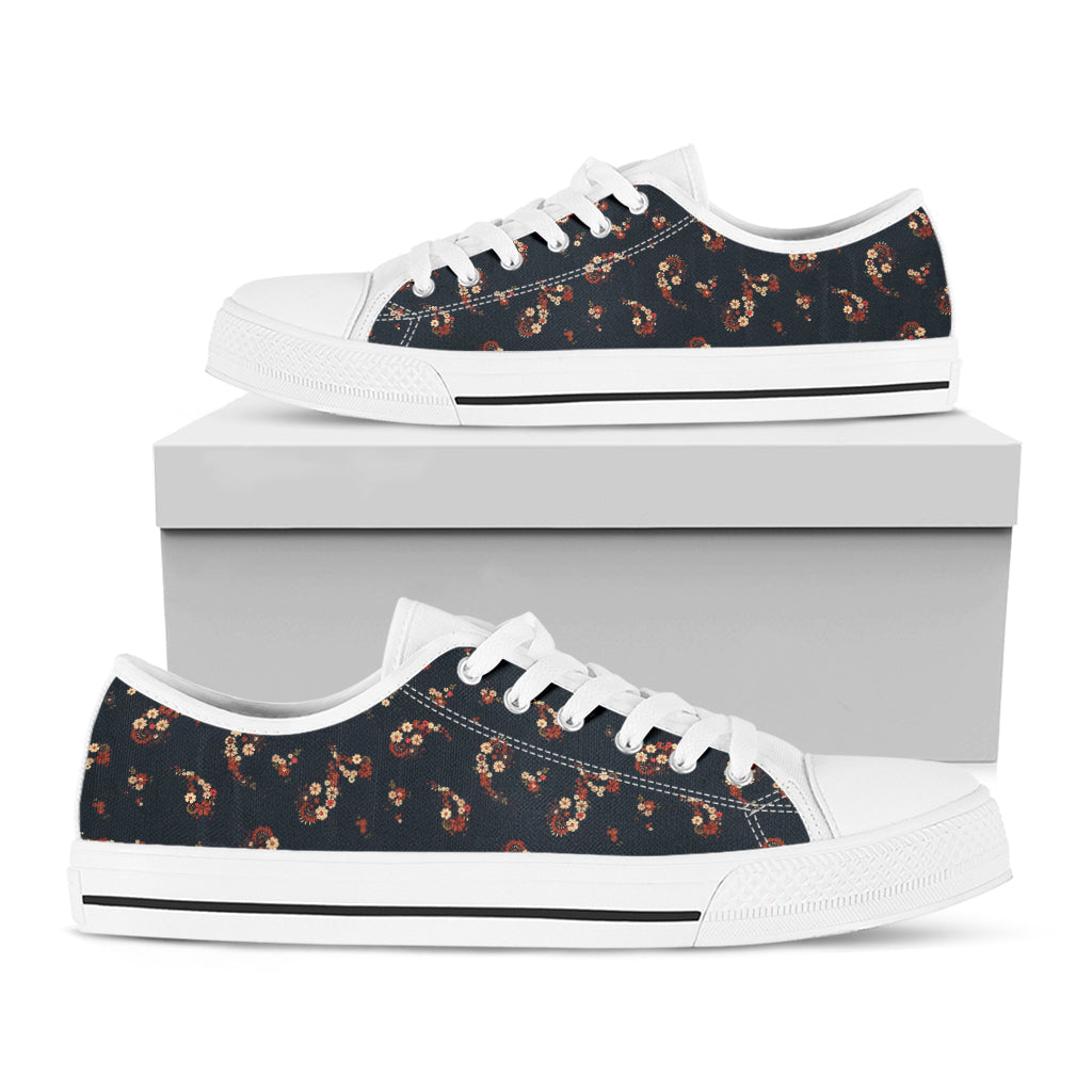 Boho Paisley Flower Pattern Print White Low Top Sneakers