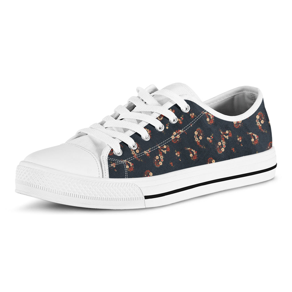 Boho Paisley Flower Pattern Print White Low Top Sneakers