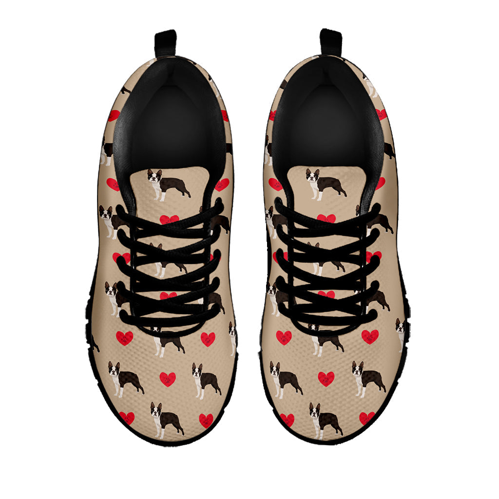 Boston Terrier Heart Pattern Print Black Running Shoes