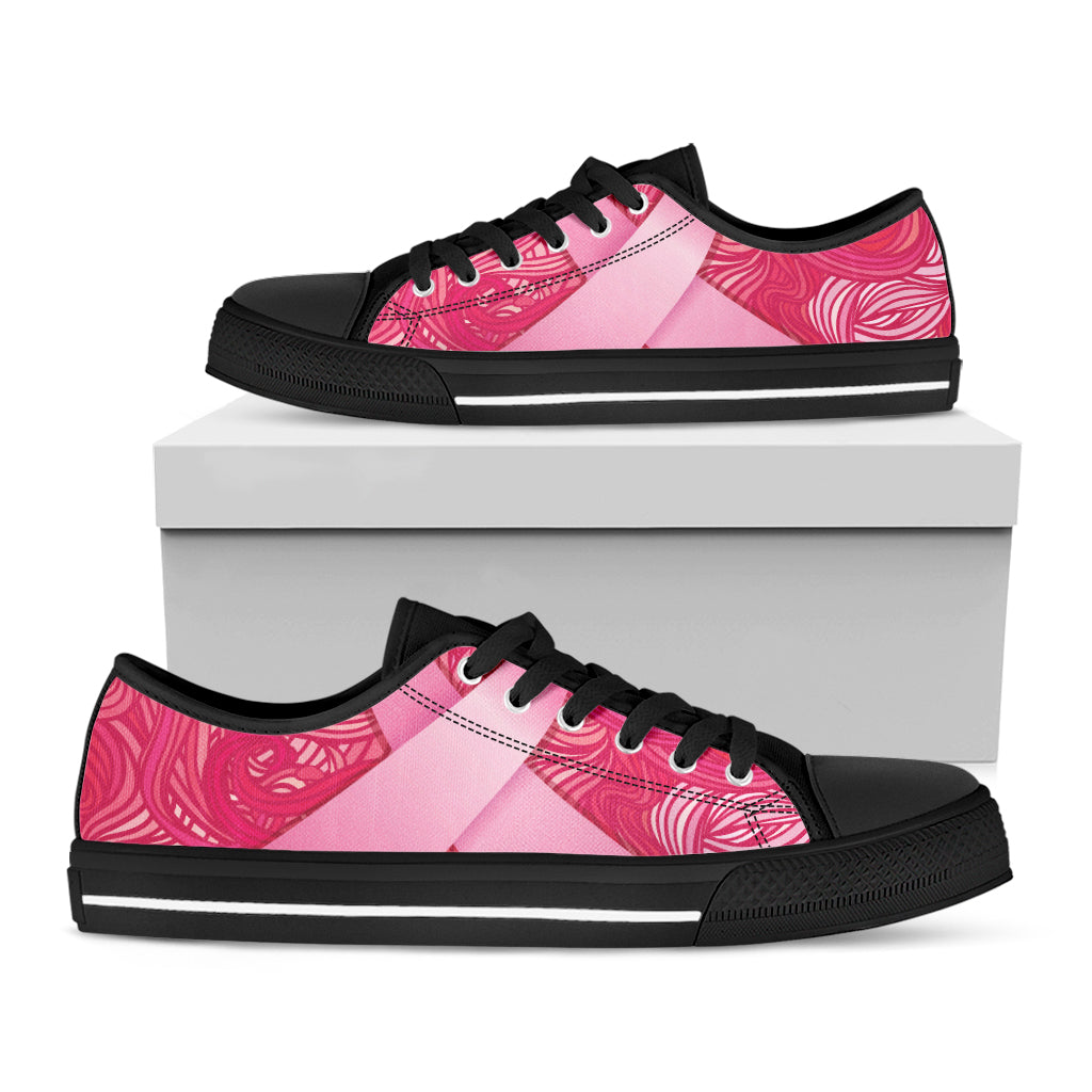 Breast Cancer Awareness Ribbon Print Black Low Top Sneakers