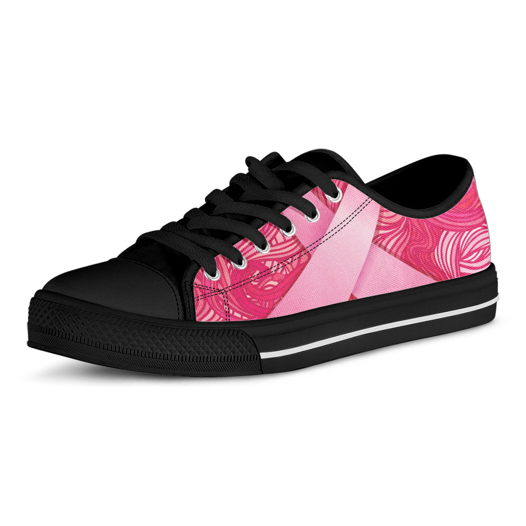Breast Cancer Awareness Ribbon Print Black Low Top Sneakers