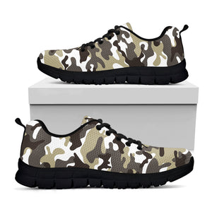 Brown And White Camouflage Print Black Running Shoes