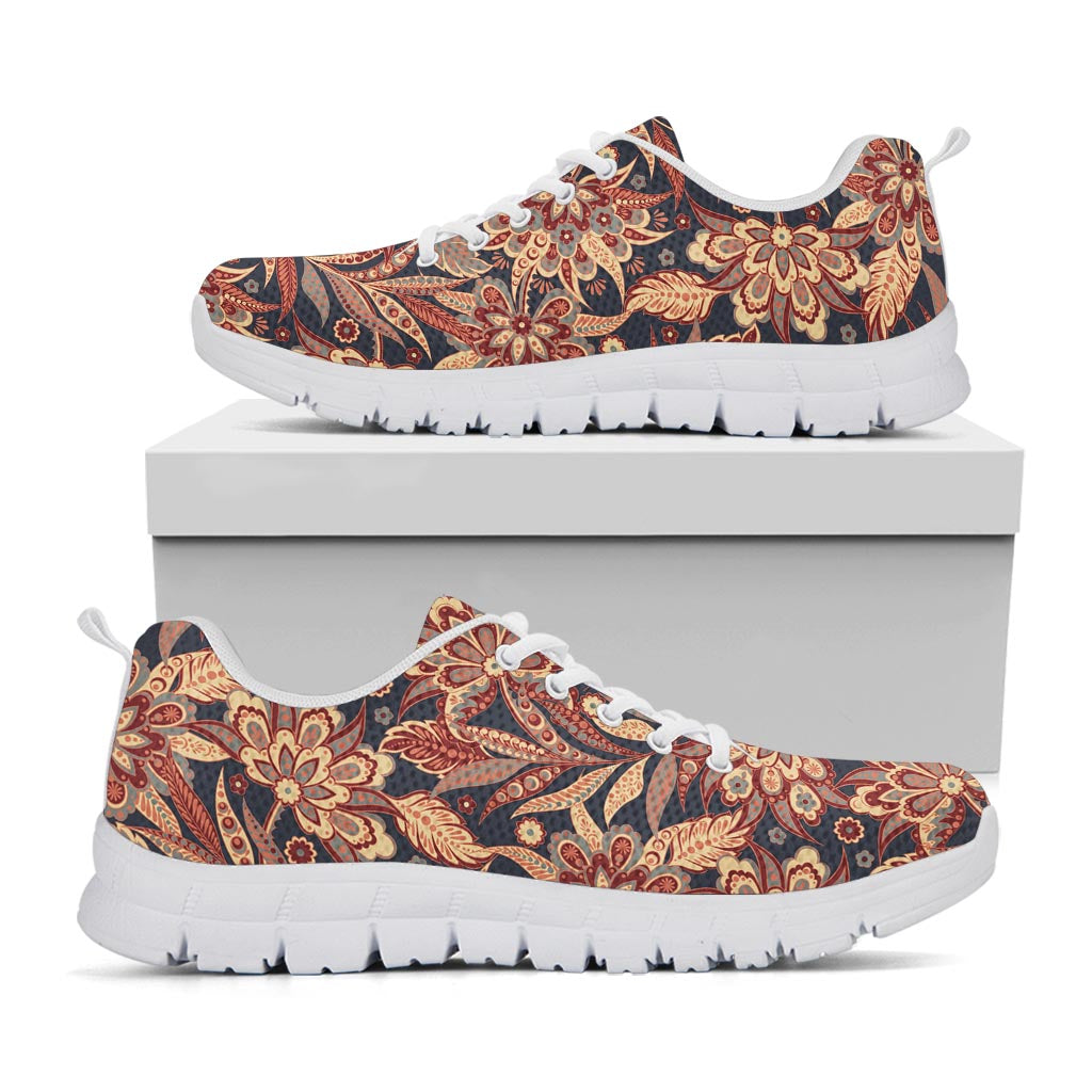 Brown Floral Bohemian Pattern Print White Running Shoes