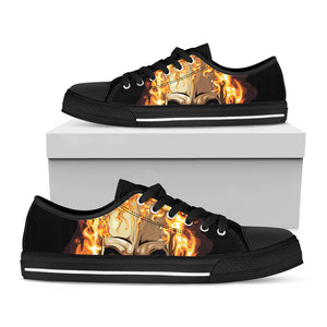 Burning Skull Print Black Low Top Sneakers