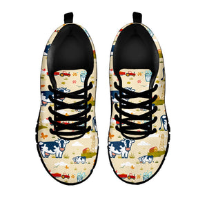 Cartoon Dairy Cow Farm Pattern Print Black Running Shoes