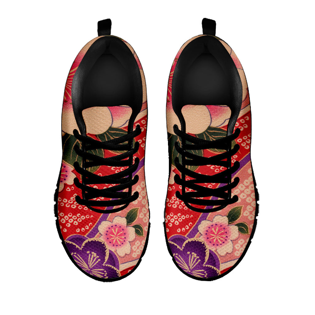 Cherry Blossom Kimono Pattern Print Black Running Shoes