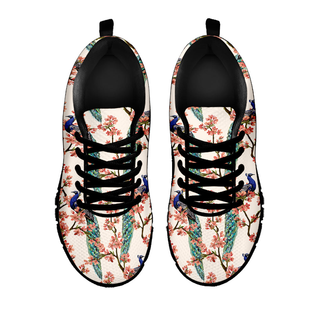 Cherry Blossom Peacock Print Black Running Shoes