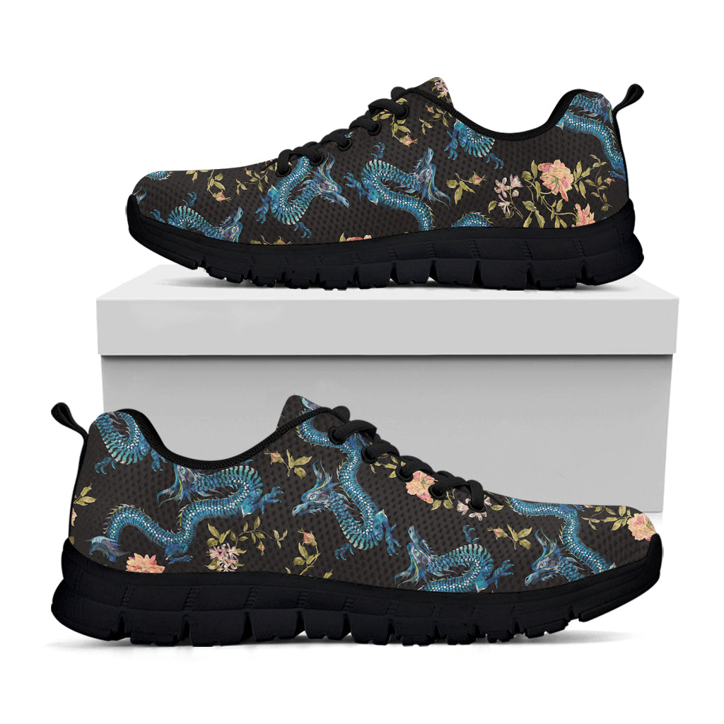 Chinese Dragon And Flower Pattern Print Black Running Shoes