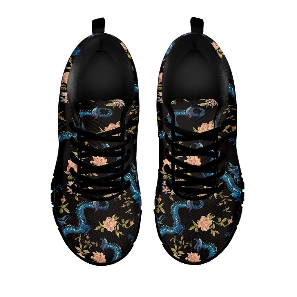 Chinese Dragon And Flower Pattern Print Black Running Shoes
