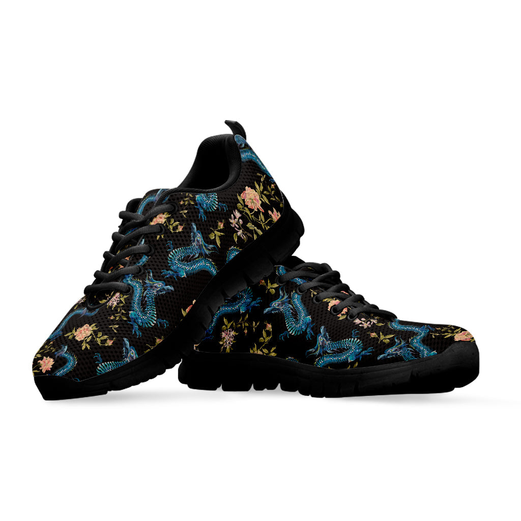 Chinese Dragon And Flower Pattern Print Black Running Shoes