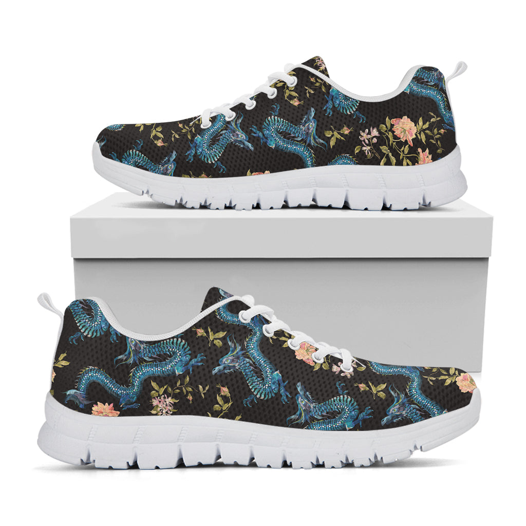Chinese Dragon And Flower Pattern Print White Running Shoes