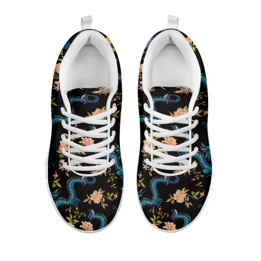 Chinese Dragon And Flower Pattern Print White Running Shoes