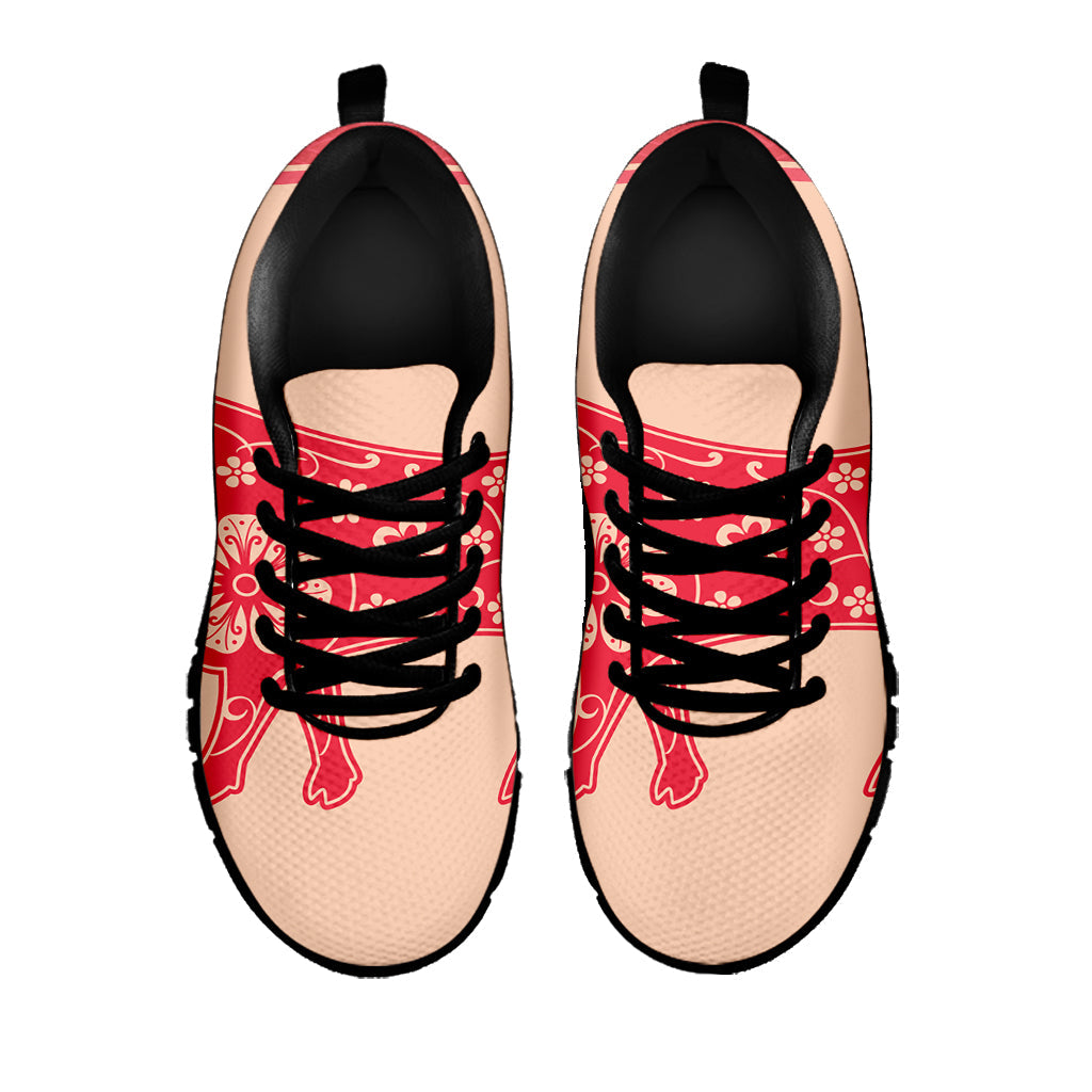 Chinese Flower Ox Zodiac Print Black Running Shoes