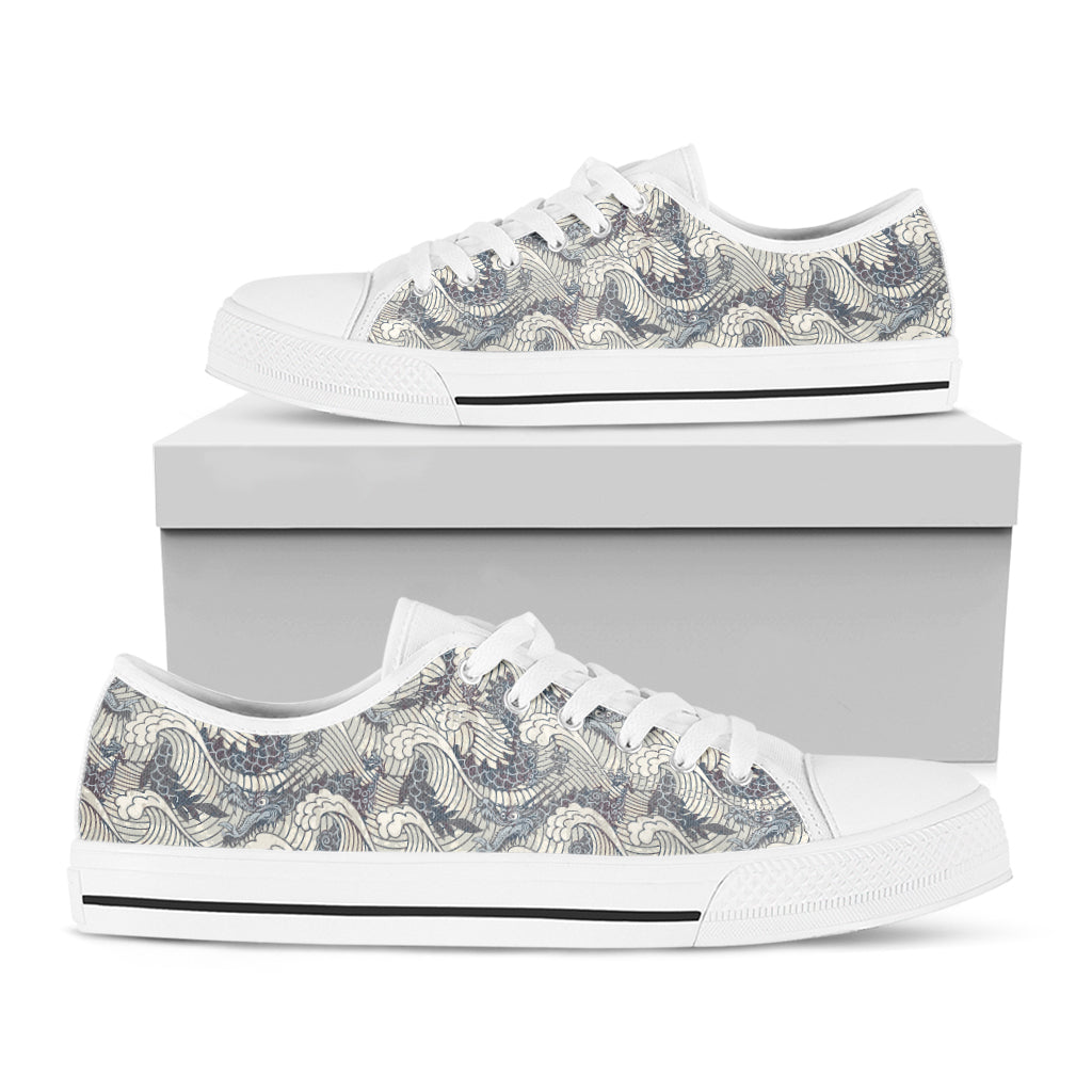 Chinese Sea Dragon Pattern Print White Low Top Sneakers