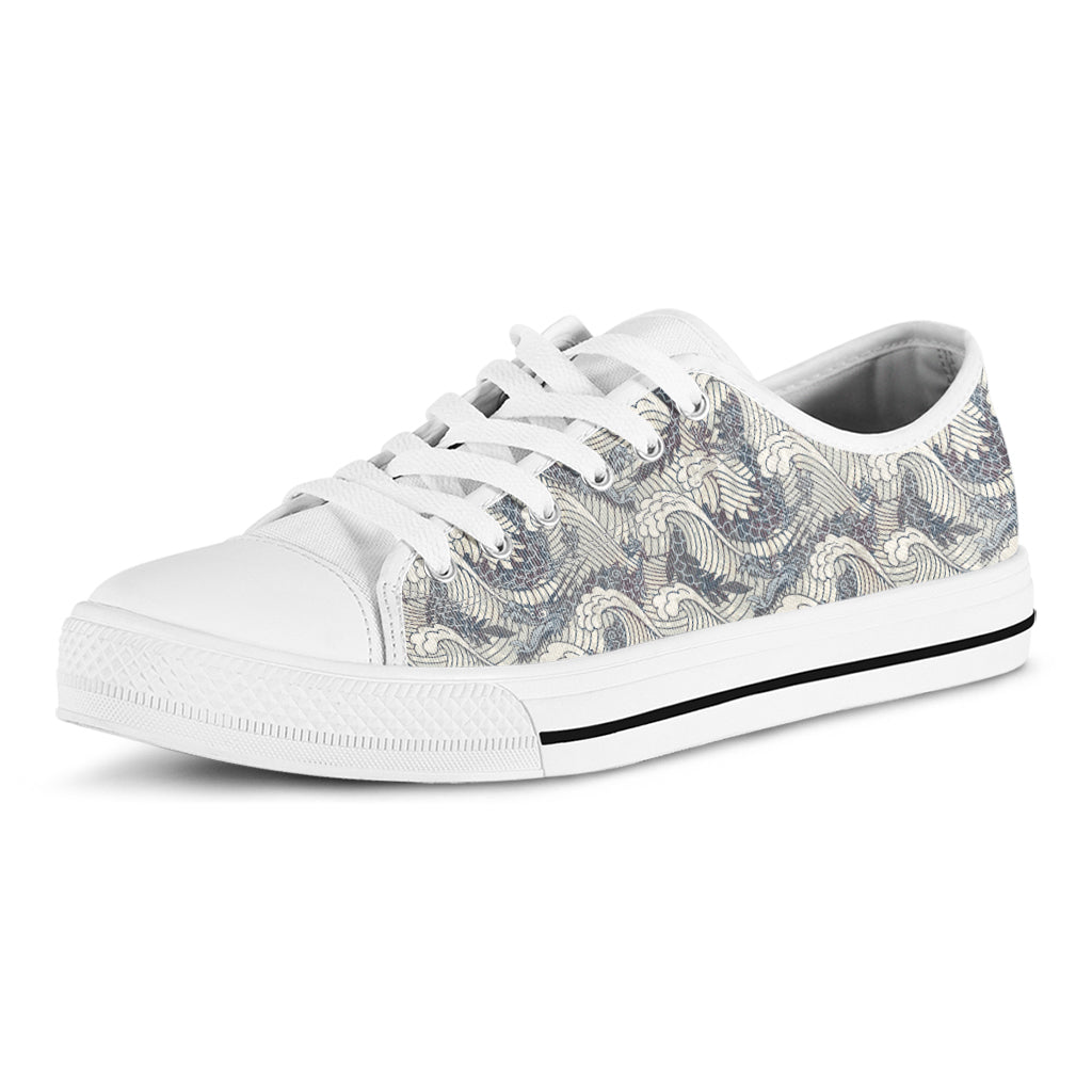 Chinese Sea Dragon Pattern Print White Low Top Sneakers