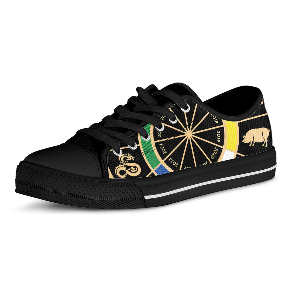 Chinese Zodiac Calendar Wheel Print Black Low Top Sneakers