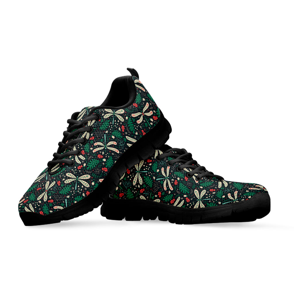 Christmas Floral Dragonfly Pattern Print Black Running Shoes