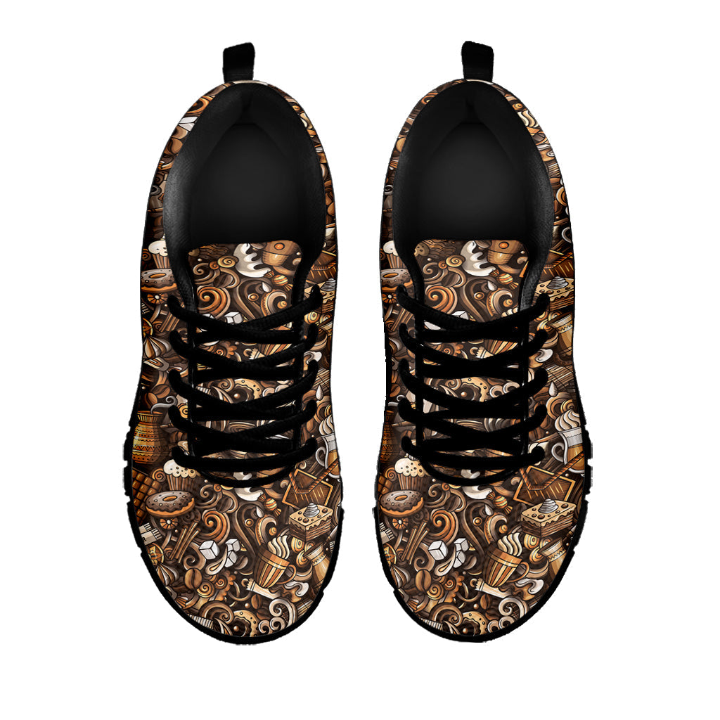Coffee And Dessert Drawing Pattern Print Black Running Shoes
