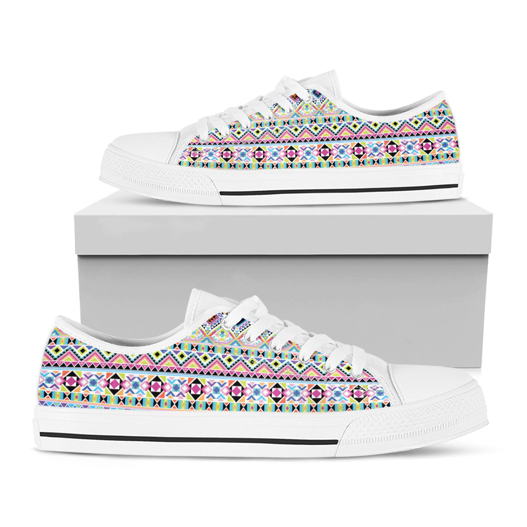 Colorful Aztec Geometric Pattern Print White Low Top Sneakers