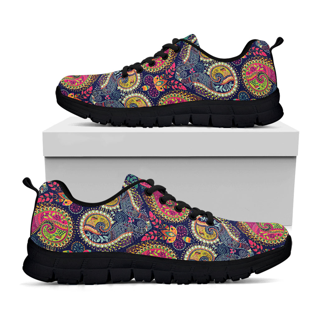 Colorful Boho Paisley Pattern Print Black Running Shoes